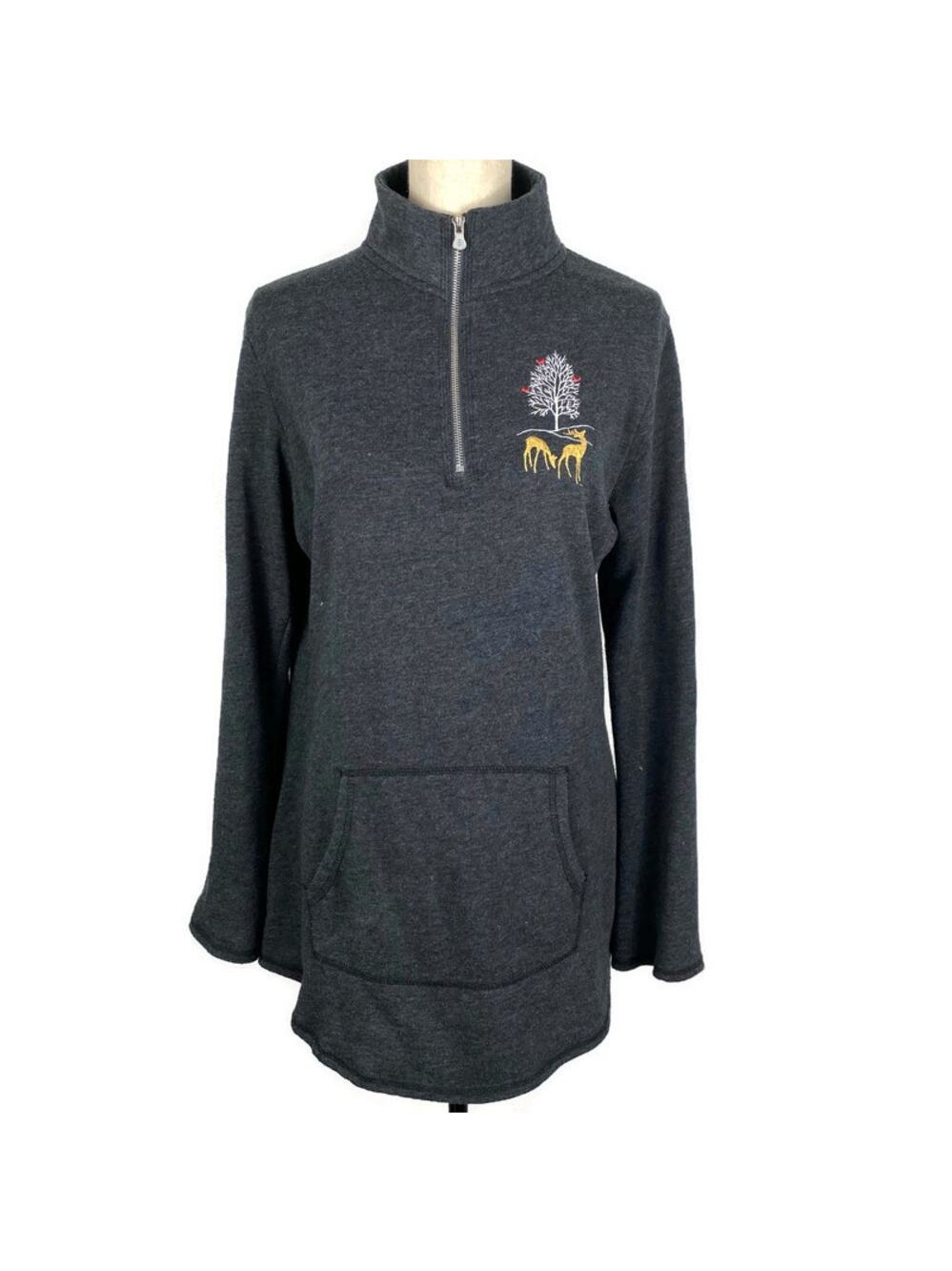 Artisians 1/2 Zip Embroidered Pullover Fleece Tunic Dark Gray Sweater Sz Medium